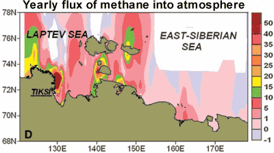Yearly flux of methane venting into atmosphere over East Siberian Arctic Shelf
