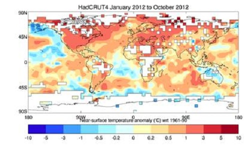 Near-surface temperature anomaly using HadCRUT4 for Jan 2012 to Oct 2012 Graphic of Near-surface temperature anomaly using HadCRUT4 for Jan 2012 to Oct 2012