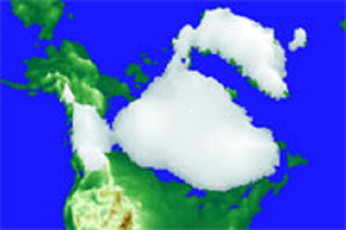 North American ice sheet during the saddle collapse, 14,600 years ago, simulated in this study Pictoral simulation of North American ice sheet