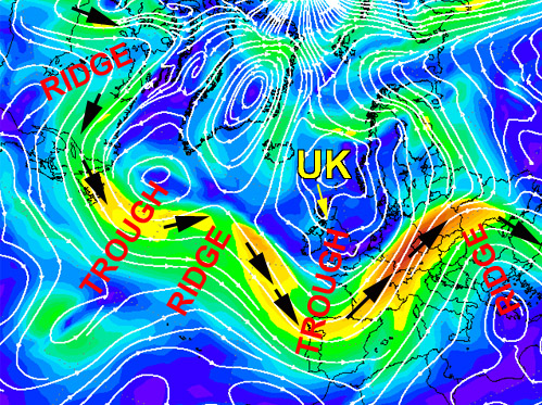 North Altantic 300hPa chart showing the jetstream and upper ridges/troughs