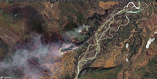 Satellite image of wildfire in Siberia on May 19, 2020